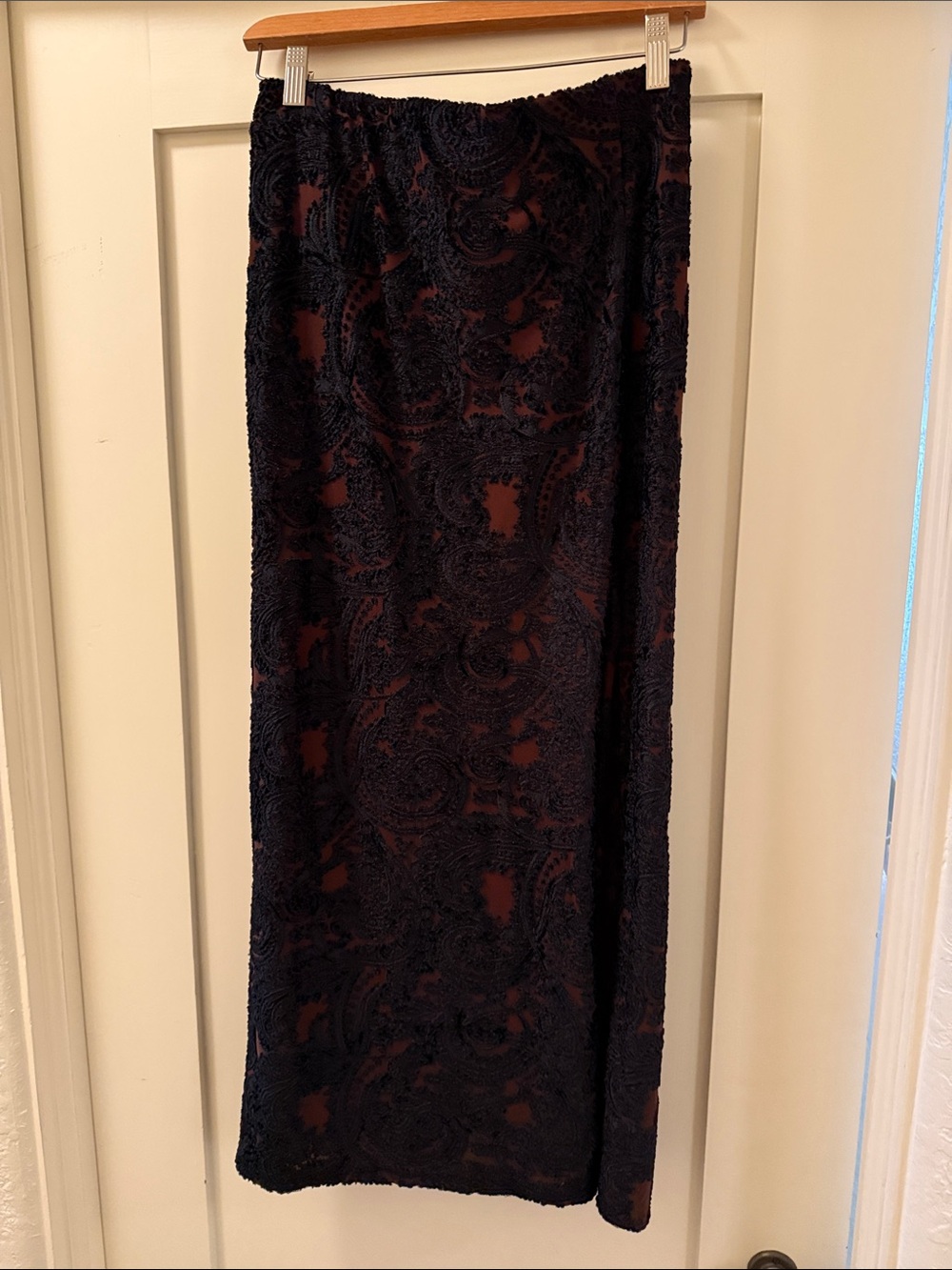 Free People Black Lace Maxi Skirt with Brown Lining and Side Slit